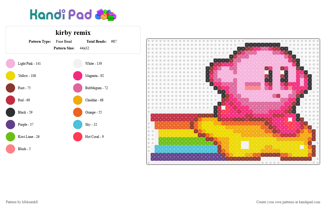 kirby remix - Fuse Bead Pattern by k8dontsk8 on Kandi Pad - red,orange,pink,yellow
