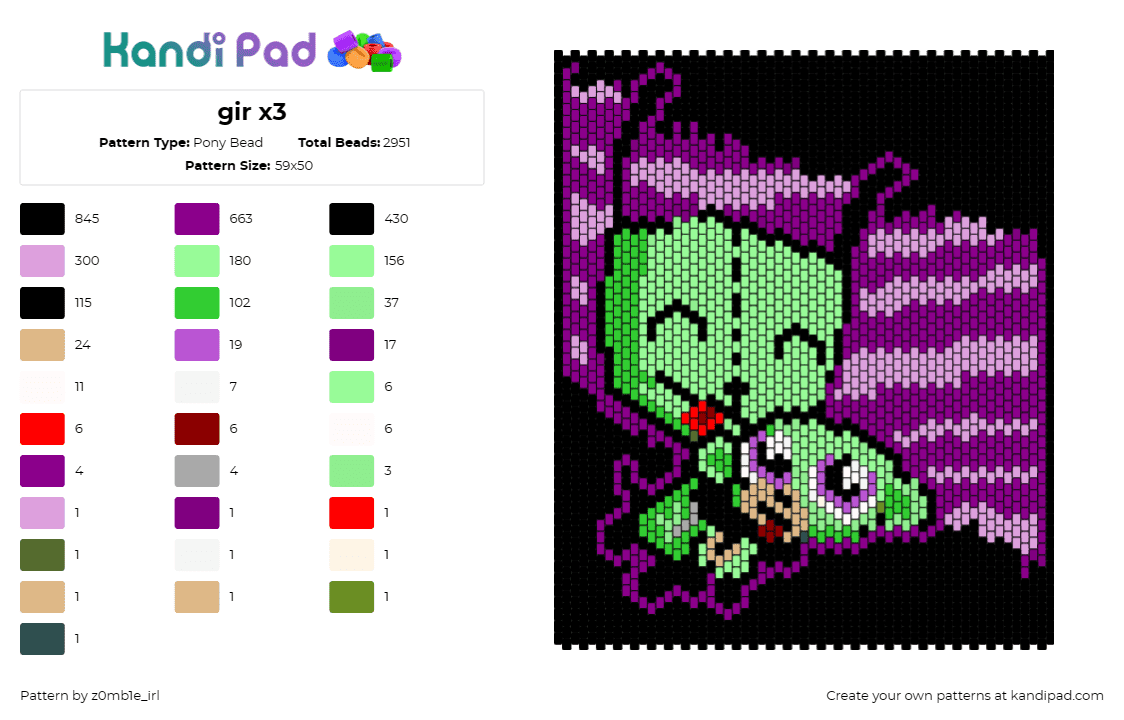 gir x3 - Pony Bead Pattern by z0mb1e_irl on Kandi Pad - gir,invader zim,dog,puppy,character,cute,animation,tv show,cartoon,panel,green,p