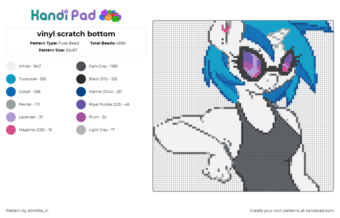 vinyl scratch bottom - Fuse Bead Pattern by z0mb1e_irl on Kandi Pad - vinyl scratch,dj pon3,my little pony,character,toys,tv show,music,black,blue,whi