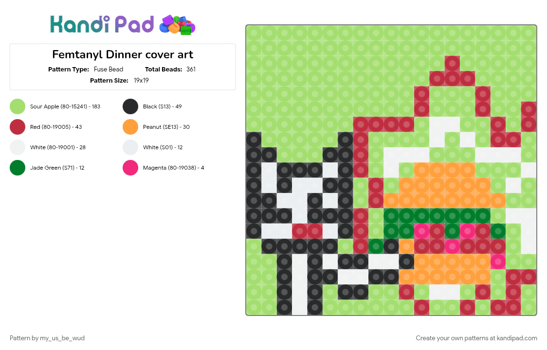 Femtanyl Dinner cover art - Fuse Bead Pattern by my_us_be_wud on Kandi Pad - dinner, femtanyl, green, music, orange, token, white