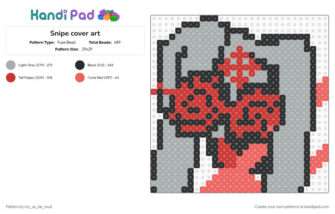 Snipe cover art - Fuse Bead Pattern by my_us_be_wud on Kandi Pad - cover art, gray, grey, music, red, seven, zombae
