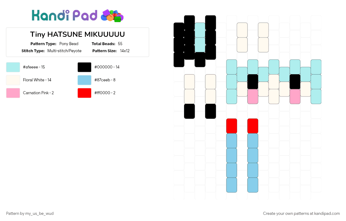 Tiny HATSUNE MIKUUUUU - Pony Bead Pattern by my_us_be_wud on Kandi Pad - character, doll, hatsune miku, light blue, small, teal, vocaloid