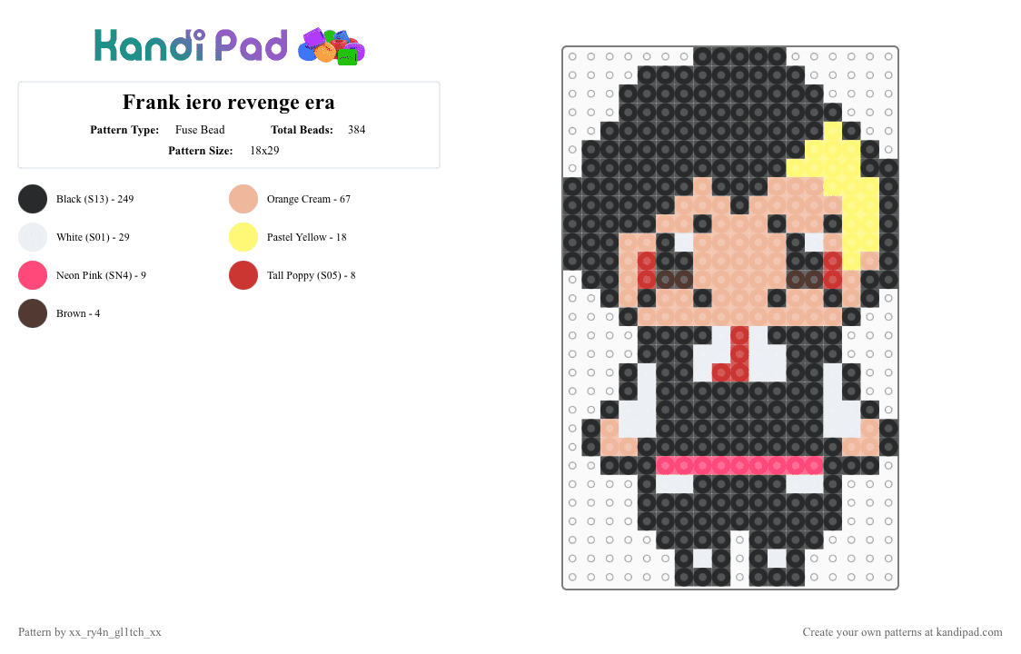 Frank iero revenge era - Fuse Bead Pattern by xx_ry4n_gl1tch_xx on Kandi Pad - beige, black, emo, frankiero, mcr, mychem, mychemicalromance, revenge, threecheers, threecheersforsweetrevenge