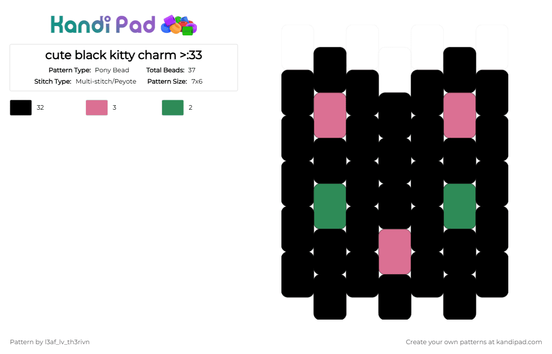 cute black kitty charm >:33 - Pony Bead Pattern by l3af_lv_th3rivn on Kandi Pad - black,pink,green,cat,cute,charm,kitty,kittyuhh,x3,black cat