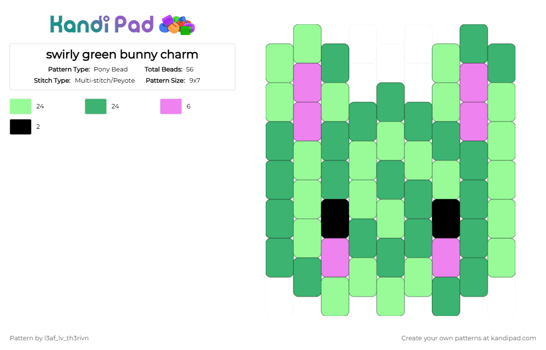 swirly green bunny charm - Pony Bead Pattern by l3af_lv_th3rivn on Kandi Pad - teal,green,cotdswirls,bunny,rabbit,charm,swirl