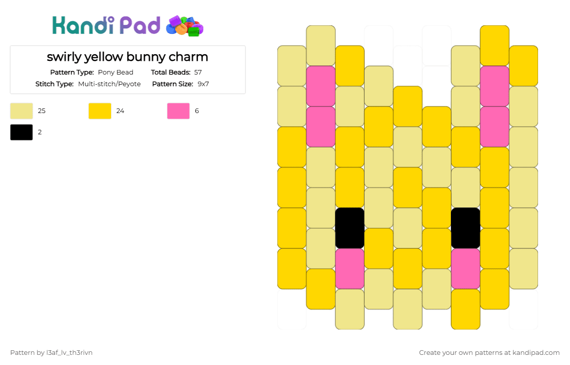 swirly yellow bunny charm - Pony Bead Pattern by l3af_lv_th3rivn on Kandi Pad - yellow,cotdswirls,bunny,rabbit,charm,swirl