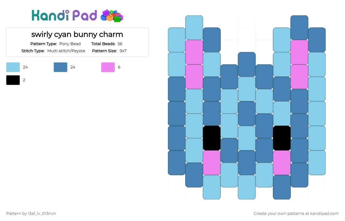 swirly cyan bunny charm - Pony Bead Pattern by l3af_lv_th3rivn on Kandi Pad - light blue,blue,cotdswirls,rabbit,bunny,charm,swirl