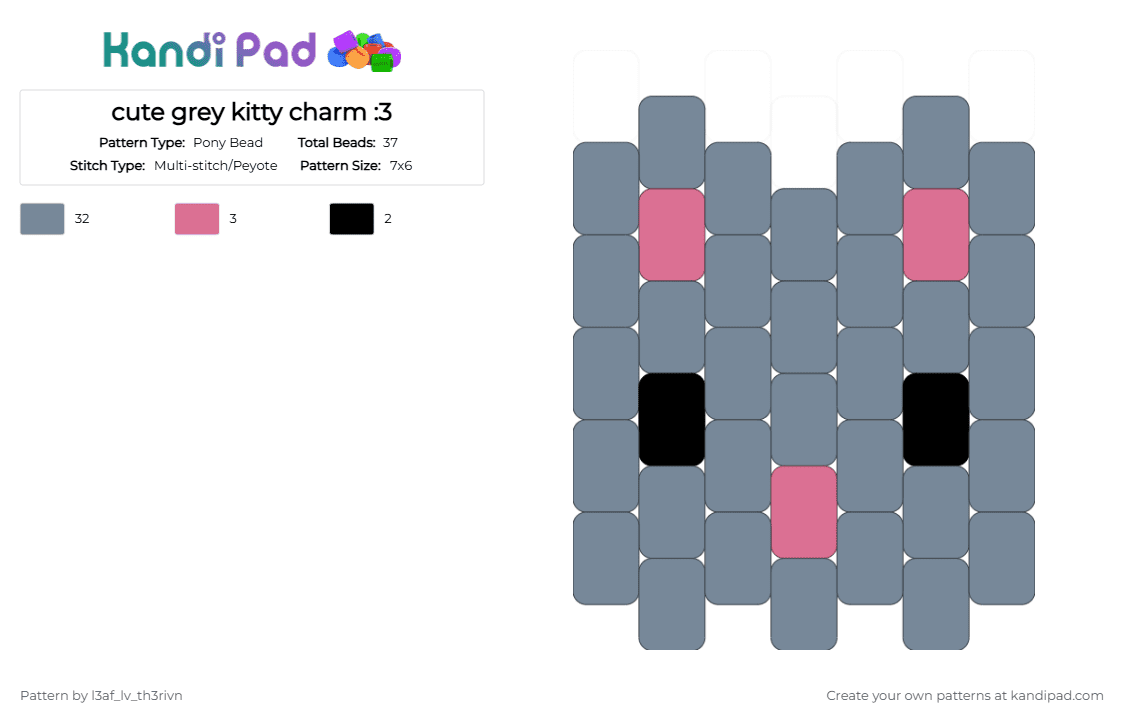 cute grey kitty charm :3 - Pony Bead Pattern by l3af_lv_th3rivn on Kandi Pad - cat, charm, cute, gray, grey, grey cat, kitty, kittyuhh, x3