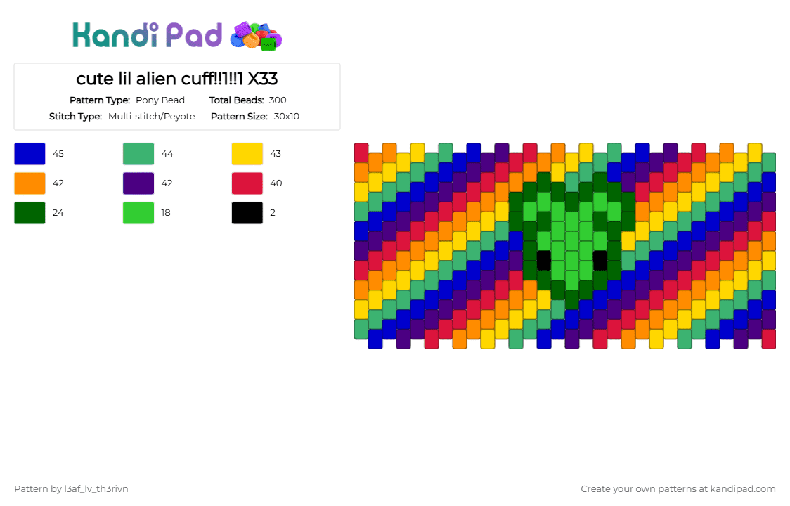 cute lil alien cuff!!1!!1 X33 - Pony Bead Pattern by l3af_lv_th3rivn on Kandi Pad - green,purple,cotdaliens,alien,rainbow,stripe,cuff,cute,aliens