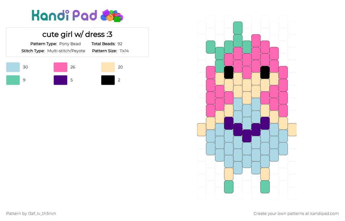 cute girl w/ dress :3 - Pony Bead Pattern by l3af_lv_th3rivn on Kandi Pad - beige,pink,light blue,girl,dress,kandi,keychain,blue,bow,cute
