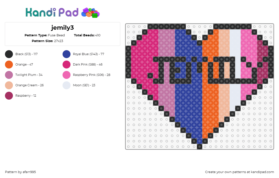 jemily3 - Fuse Bead Pattern by afarr995 on Kandi Pad - jemily,criminal minds,heart,love,tv show,relationship,colorful,pink,blue,orange