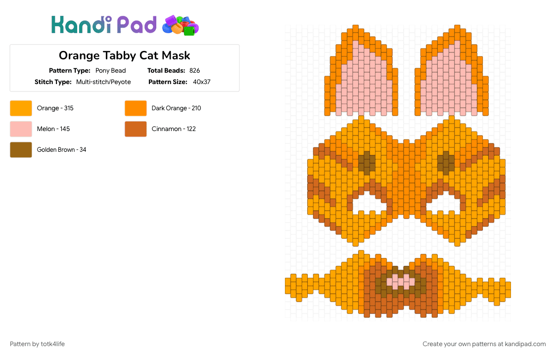 Orange Tabby Cat Mask - Pony Bead Pattern by totk4life on Kandi Pad - cat, cat mask, mask, orange, orange tabby