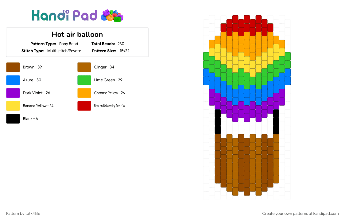 Hot air balloon - Pony Bead Pattern by totk4life on Kandi Pad - air balloon, blue, cotdhotairballoons, green, rainbow, red, tan