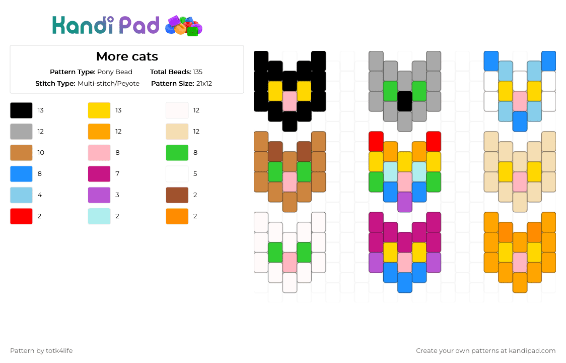 More cats - Pony Bead Pattern by totk4life on Kandi Pad - beige, cat, light blue, orange, peyote, pink, pride, simple, small
