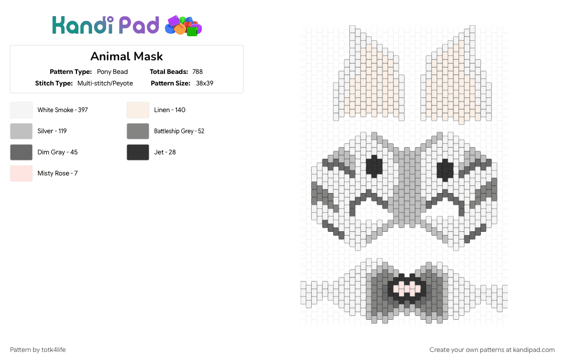 Animal Mask - Pony Bead Pattern by totk4life on Kandi Pad - beige, gray, white