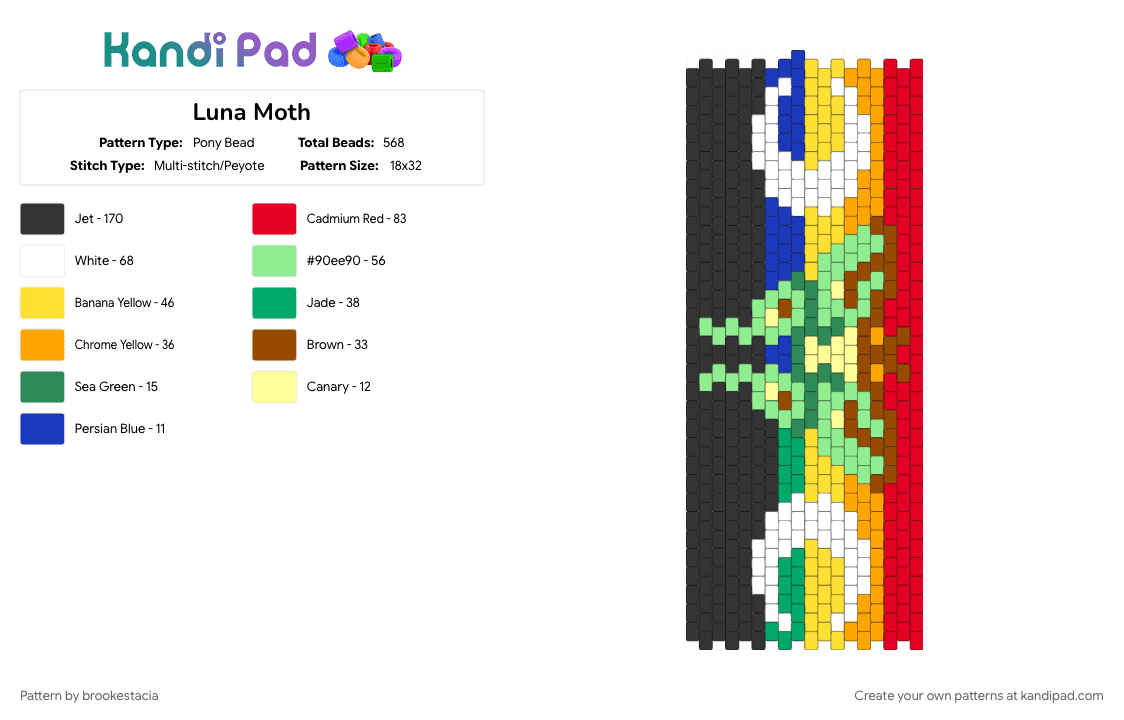 Luna Moth - Pony Bead Pattern by brookestacia on Kandi Pad - red, teal, yellow