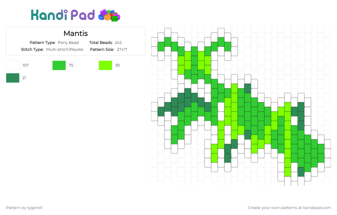 Mantis - Pony Bead Pattern by tygerbit on Kandi Pad - green,white,mantis,bug,insect,animals,cotdinsects