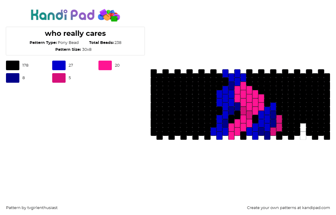 who really cares - Pony Bead Pattern by tvgirlenthusiast on Kandi Pad - tvgirl,band,music,cuff,black,pink,blue