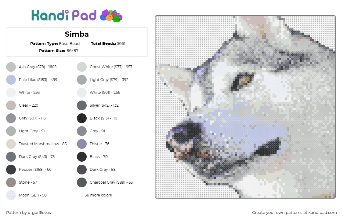 Simba - Fuse Bead Pattern by x_gor3lotus on Kandi Pad - dog,husky,pet,portrait,white,gray