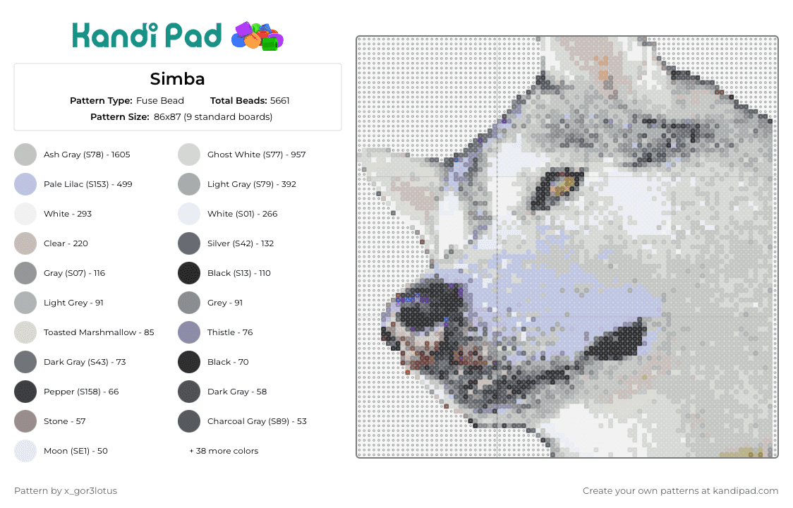 Simba - Fuse Bead Pattern by x_gor3lotus on Kandi Pad - dog,husky,pet,portrait,white,gray