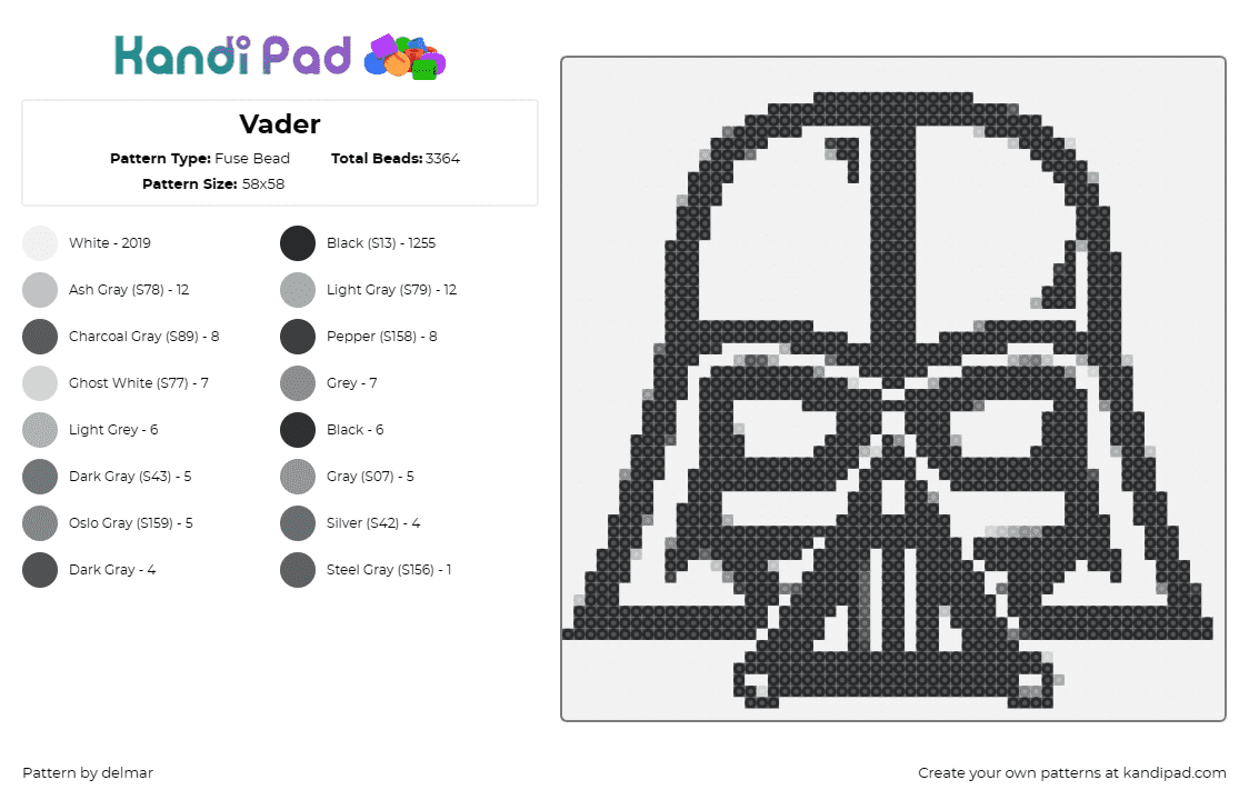 Vader - Fuse Bead Pattern by delmar on Kandi Pad - darth vader,star wars,jedi,helmet,movie,scifi,outline,black,white