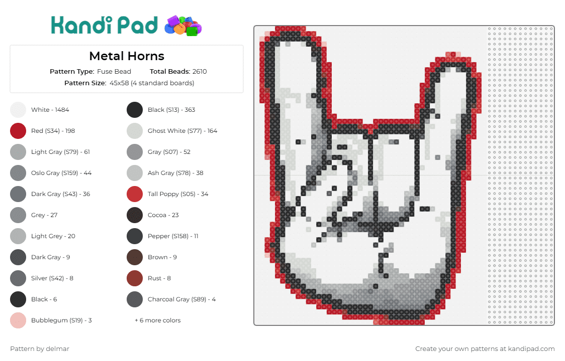 Metal Horns - Fuse Bead Pattern by delmar on Kandi Pad - hand,horns,metal,rock,devil,sign,white,gray,red