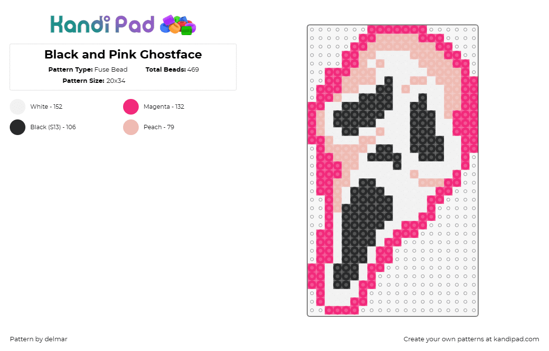 Black and Pink Ghostface - Fuse Bead Pattern by delmar on Kandi Pad - ghostface,scream,mask,horror,character,spooky,slasher,movie,pink,white,black