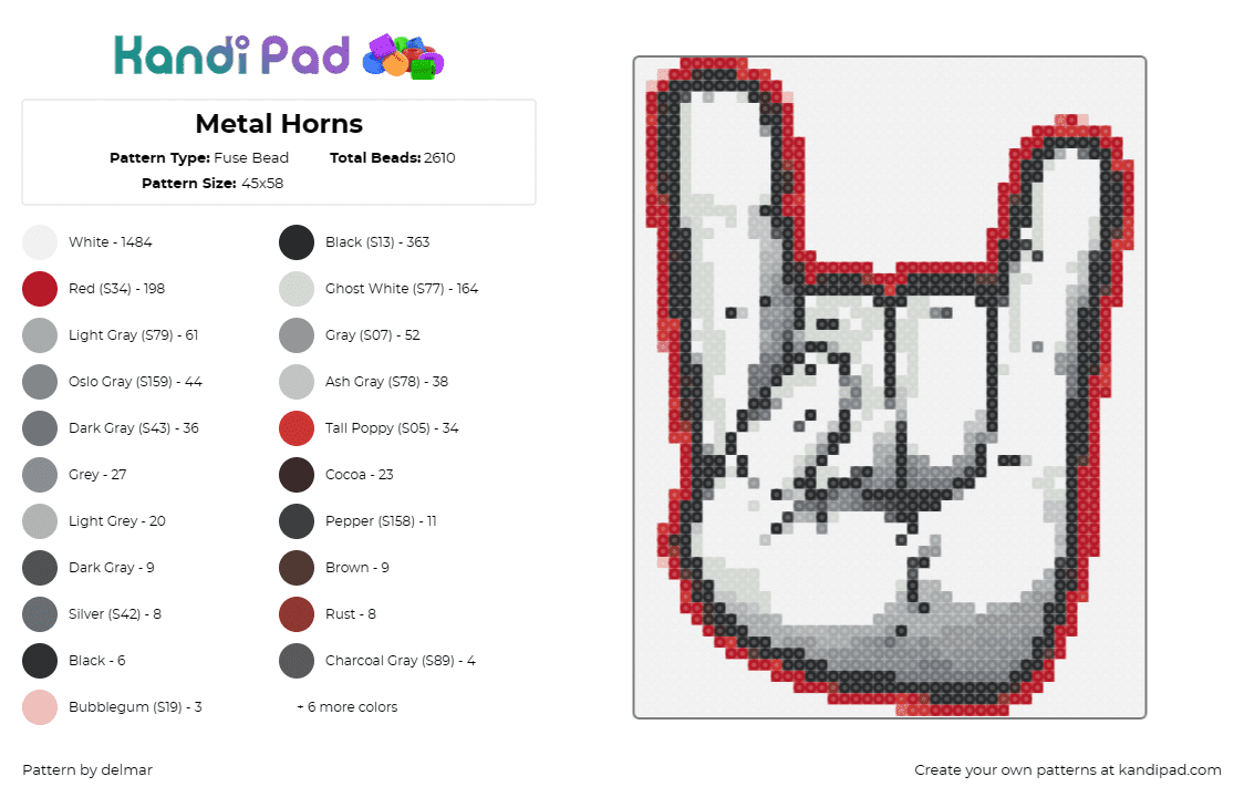 Metal Horns - Fuse Bead Pattern by delmar on Kandi Pad - hand,horns,metal,rock,devil,sign,white,gray,red