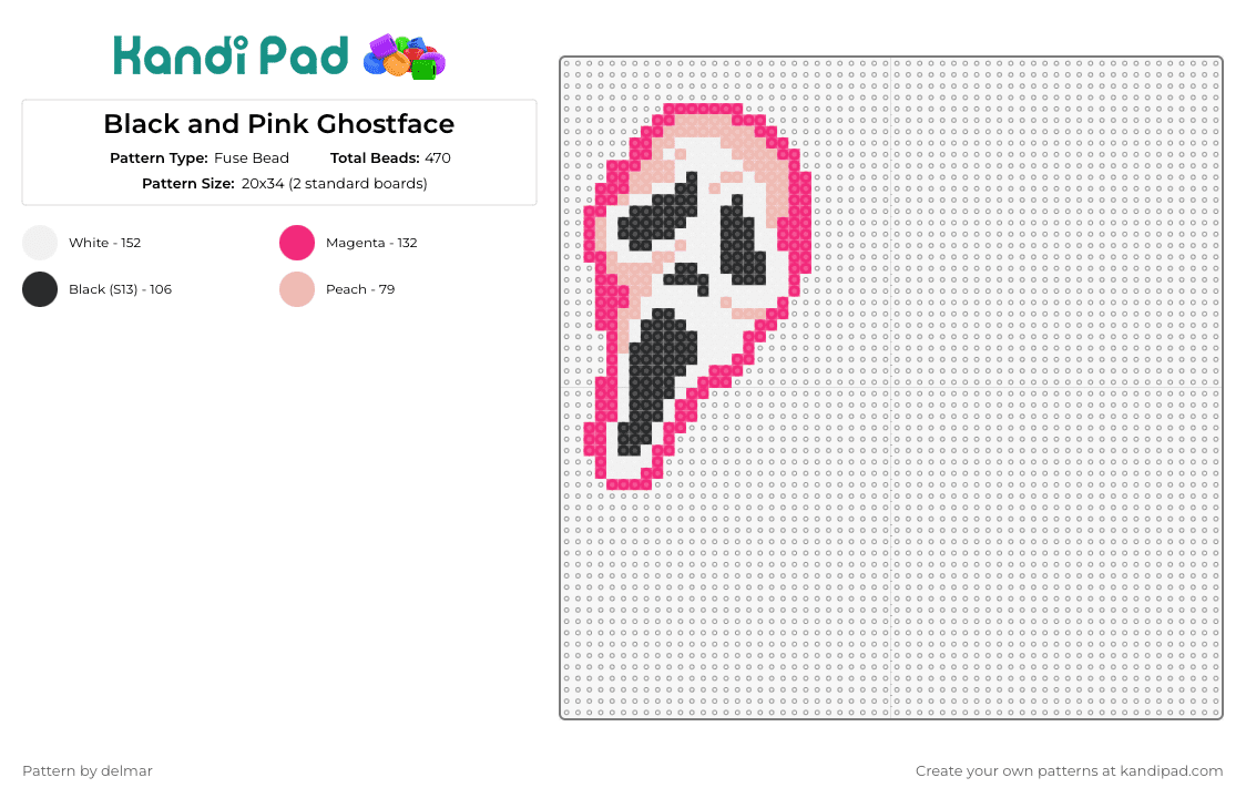 Black and Pink Ghostface - Fuse Bead Pattern by delmar on Kandi Pad - ghostface,scream,mask,horror,character,spooky,slasher,movie,pink,white,black