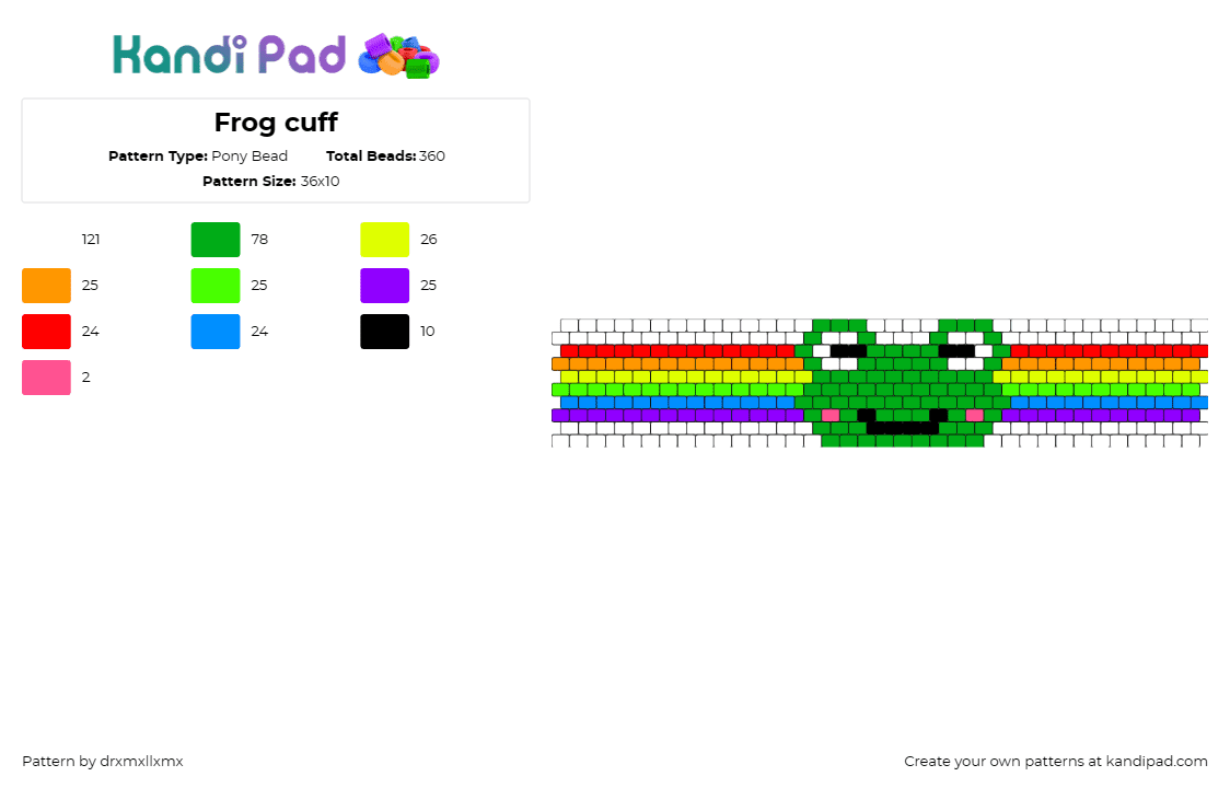 Frog cuff - Pony Bead Pattern by drxmxllxmx on Kandi Pad - frog,rainbow,amphibian,animal,cuff,cute,smile,green