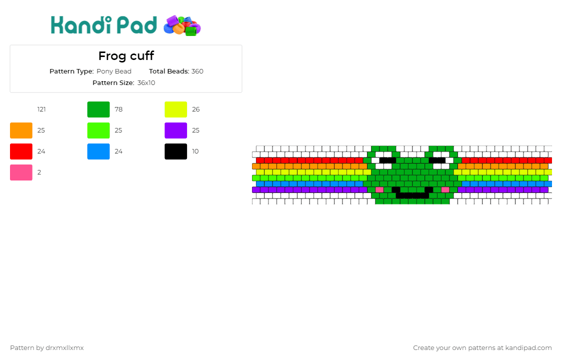 Frog cuff - Pony Bead Pattern by drxmxllxmx on Kandi Pad - frog,rainbow,animal,cuff
