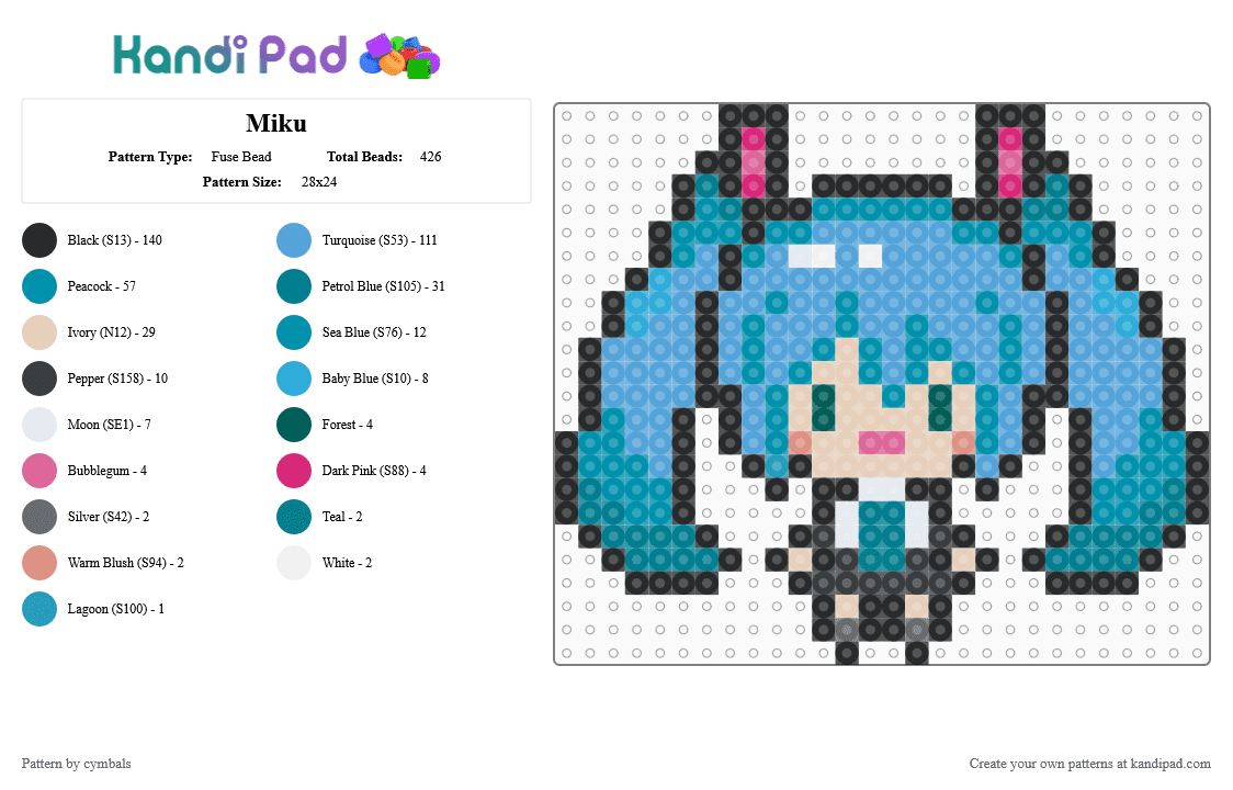 Miku - Fuse Bead Pattern by cymbals on Kandi Pad - teal,light blue,hatsune miku,miku,39,charm