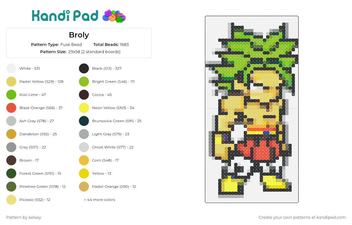 Broly - Fuse Bead Pattern by kelsey on Kandi Pad - broly,dragon ball z,anime,character,tv show,green,yellow