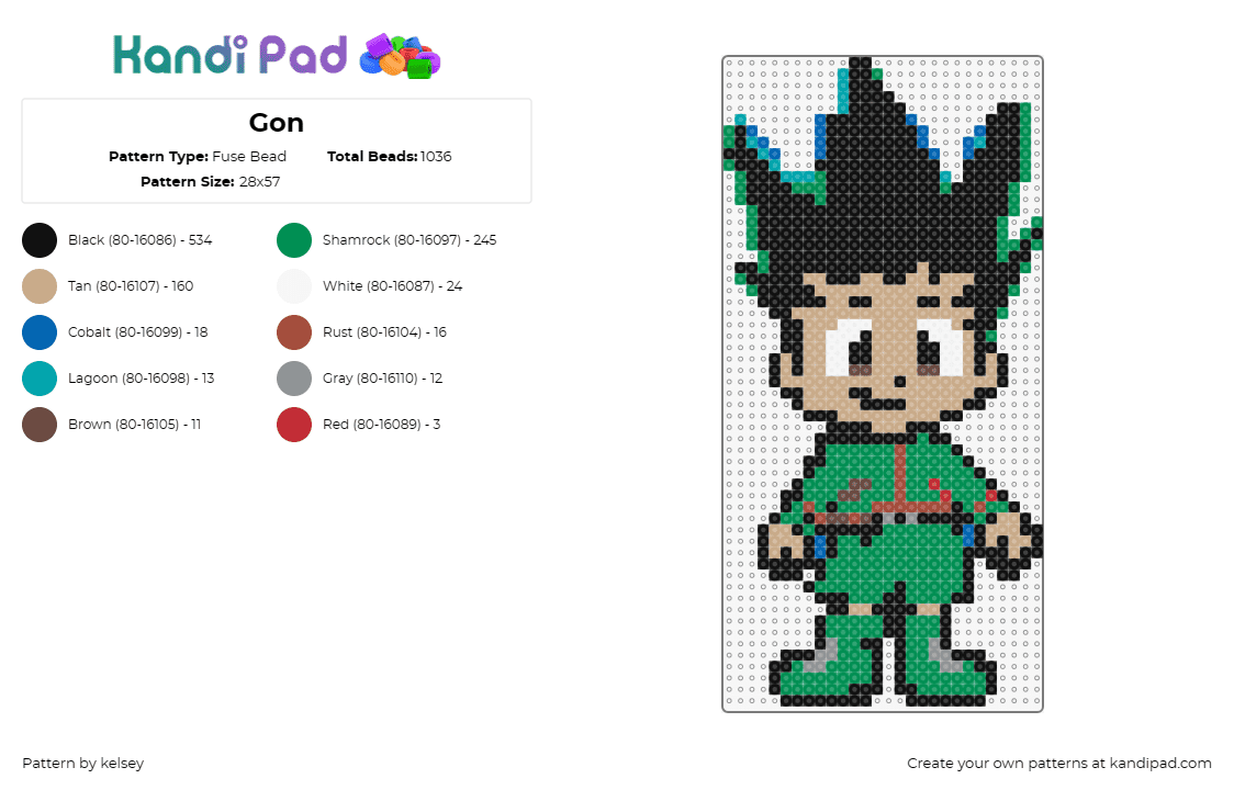 Gon - Fuse Bead Pattern by kelsey on Kandi Pad - gon freecss,hunterxhunter,anime,character,green,tan,black