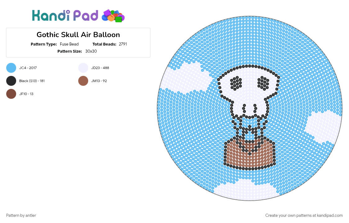 Gothic Skull Air Balloon - Fuse Bead Pattern by antler on Kandi Pad - cotdhotairballoons, gothic, halloween, light blue, skull, spooky