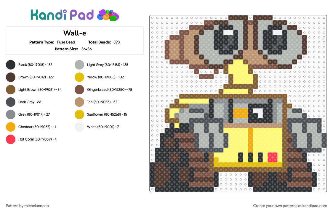 WALL-E - Fuse Bead Pattern by michelacocco on Kandi Pad - beige, brown, character, colorful, disney, movie, yellow