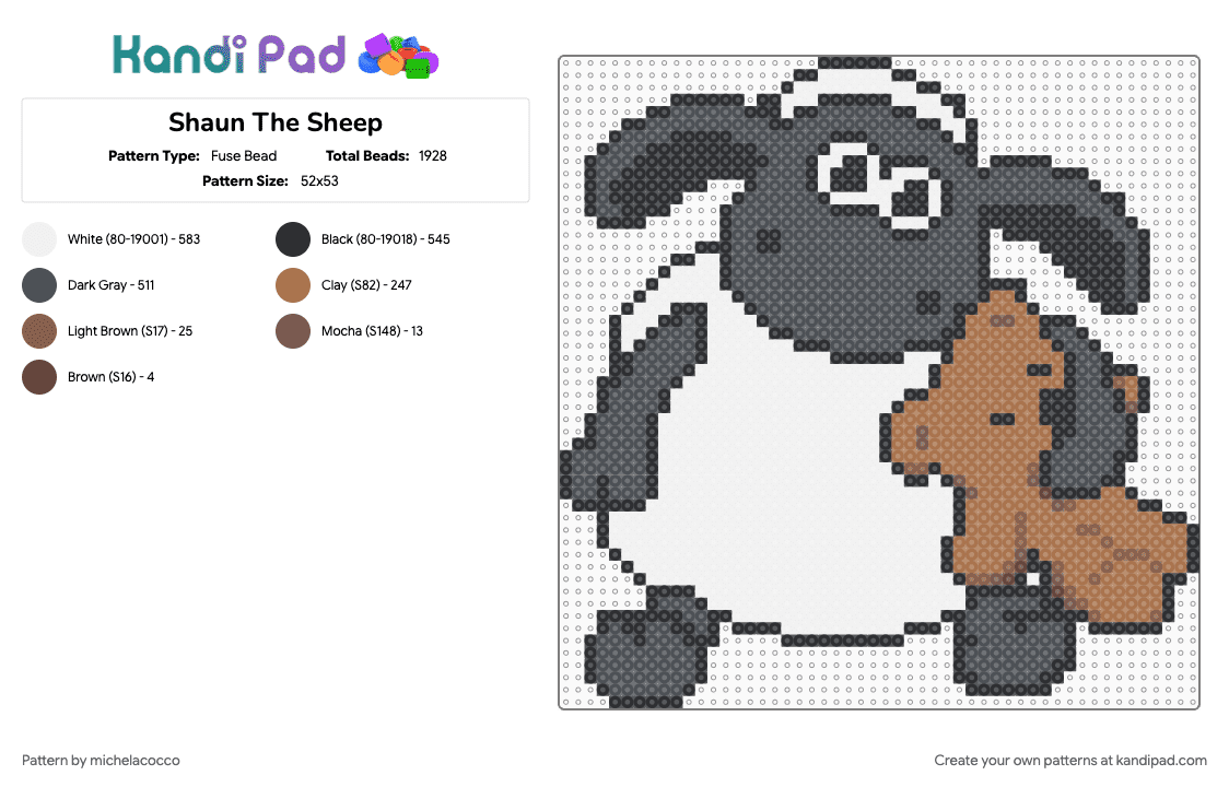 Shaun The Sheep - Fuse Bead Pattern by michelacocco on Kandi Pad - cartoon, character