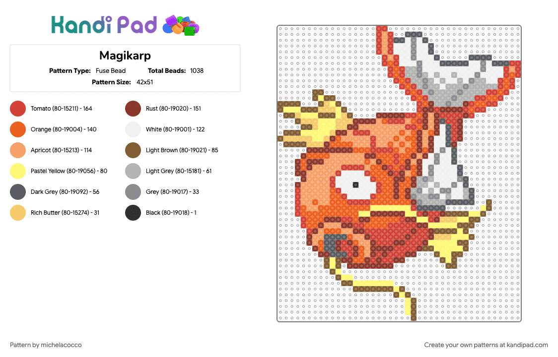 Magikarp - Fuse Bead Pattern by michelacocco on Kandi Pad - fish, magikarp, orange, pokemon, red