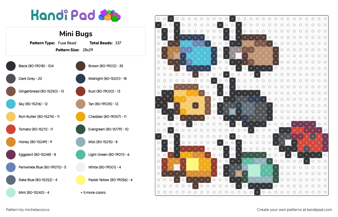 Mini Bugs - Fuse Bead Pattern by michelacocco on Kandi Pad - brown, colorful, gray, light blue, red
