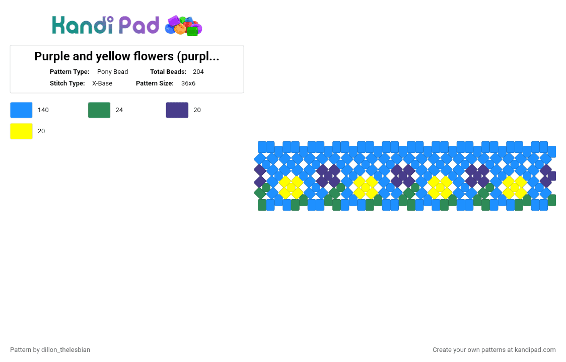 Purple and yellow flowers (purple and yellow are gender non confirming colors) short - Pony Bead Pattern by dillon on Kandi Pad - 