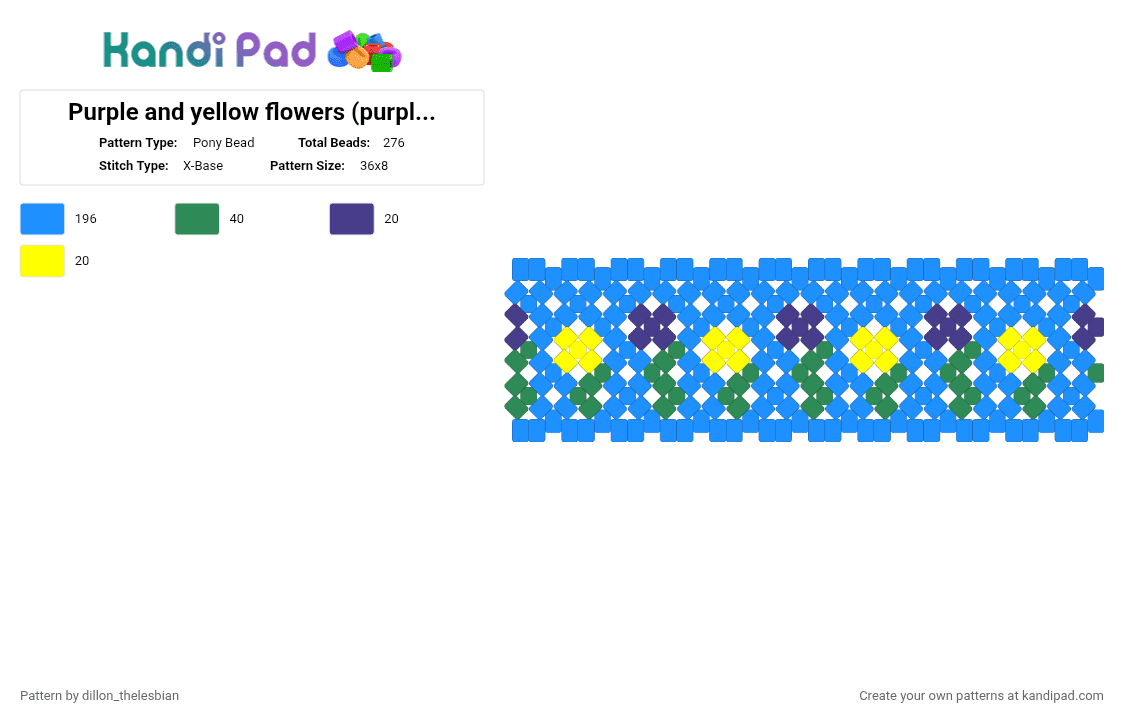 Purple and yellow flowers (purple and yellow are gender non confirming colors) - Pony Bead Pattern by dillon on Kandi Pad - light blue