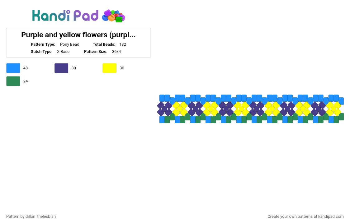 Purple and yellow flowers (purple and yellow are gender non confirming colors) extra short - Pony Bead Pattern by dillon on Kandi Pad - light blue