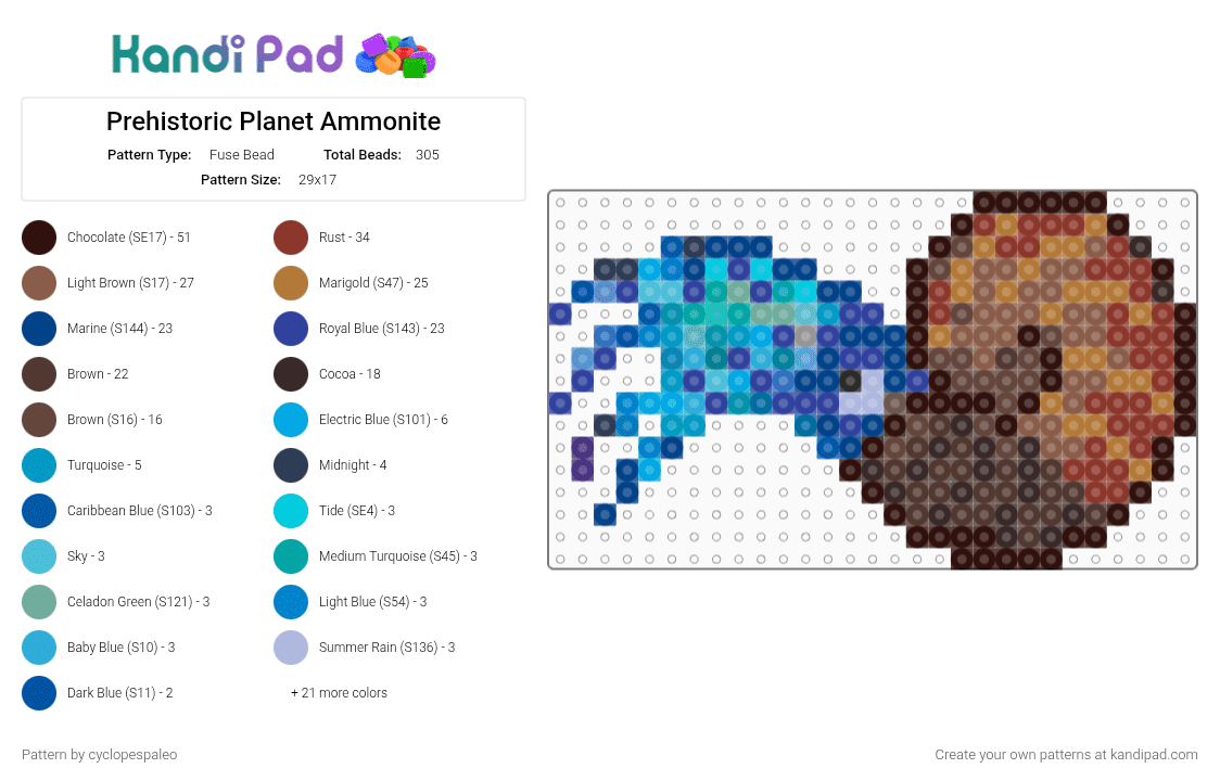 Prehistoric Planet Ammonite - Fuse Bead Pattern by cyclopespaleo on Kandi Pad - brown,red,tan,blue,cotdseapunk