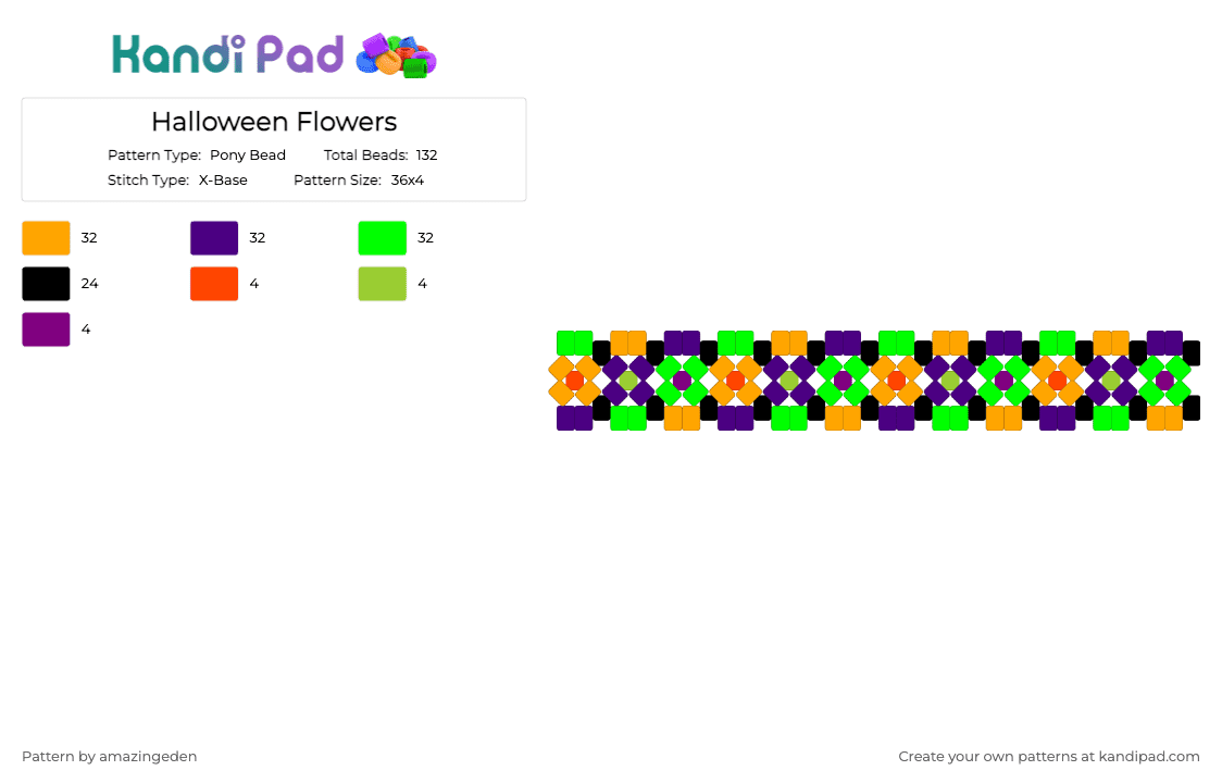 Halloween Flowers - Pony Bead Pattern by amazingeden on Kandi Pad - cuff, flowers, green, halloween, neon, orange, purple, spooky