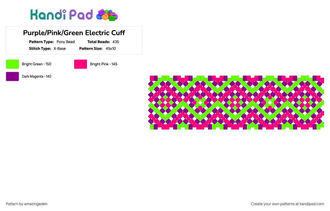 Purple/Pink/Green Electric Cuff - Pony Bead Pattern by amazingeden on Kandi Pad - green, pink