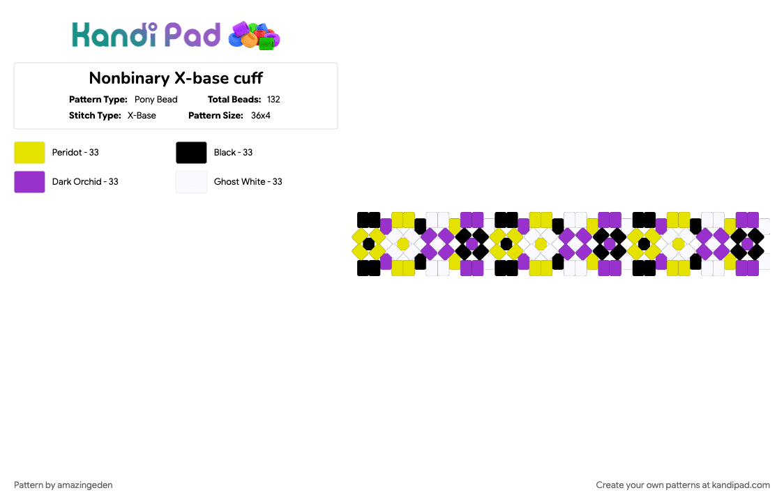 Nonbinary X-base cuff - Pony Bead Pattern by amazingeden on Kandi Pad - purple, yellow
