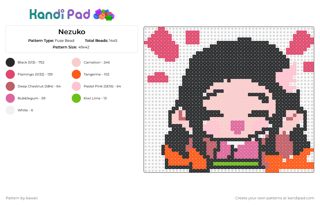 Nezuko - Fuse Bead Pattern by kawaii on Kandi Pad - black,red,beige