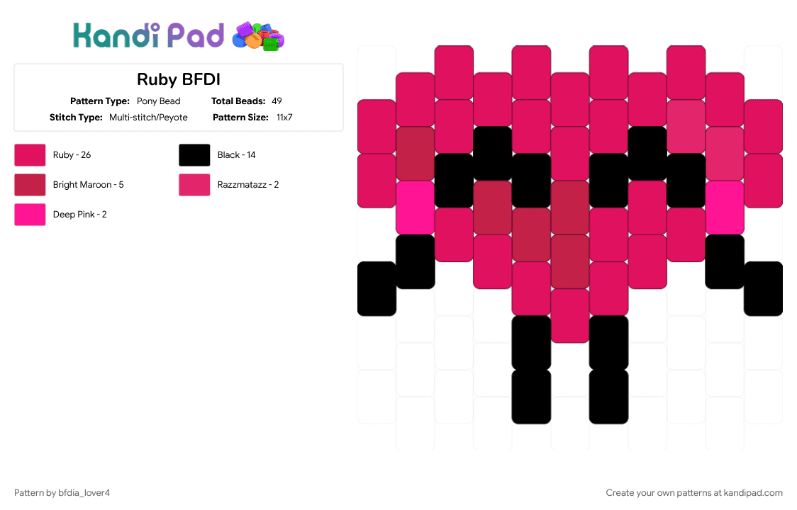 Ruby BFDI - Pony Bead Pattern by bfdia_lover4 on Kandi Pad - battle for dream island, bfdi, bfdia, osc, pink, red, ruby