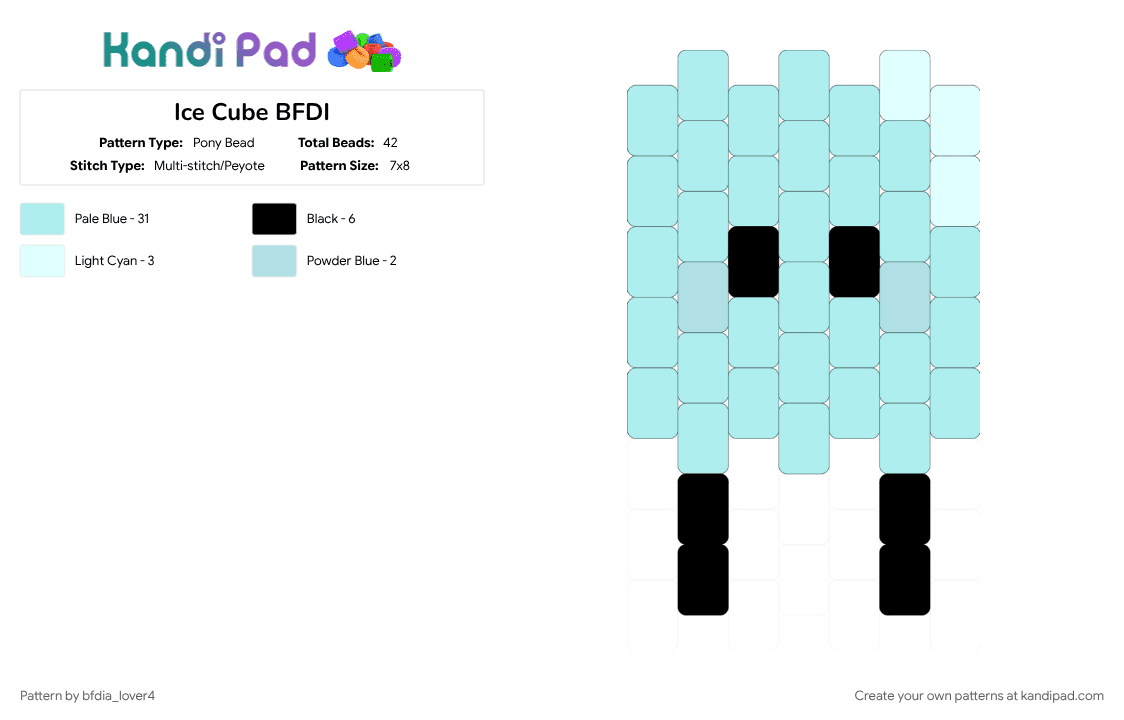 Ice Cube BFDI - Pony Bead Pattern by bfdia_lover4 on Kandi Pad - battle for dream island, bfdi, ice, ice cube, icy, light blue, osc, tpot