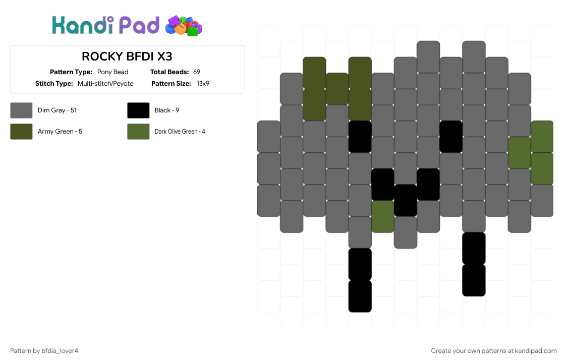 ROCKY BFDI X3 - Pony Bead Pattern by bfdia_lover4 on Kandi Pad - battle for dream island, bfdi, character, gray, moss, rocky